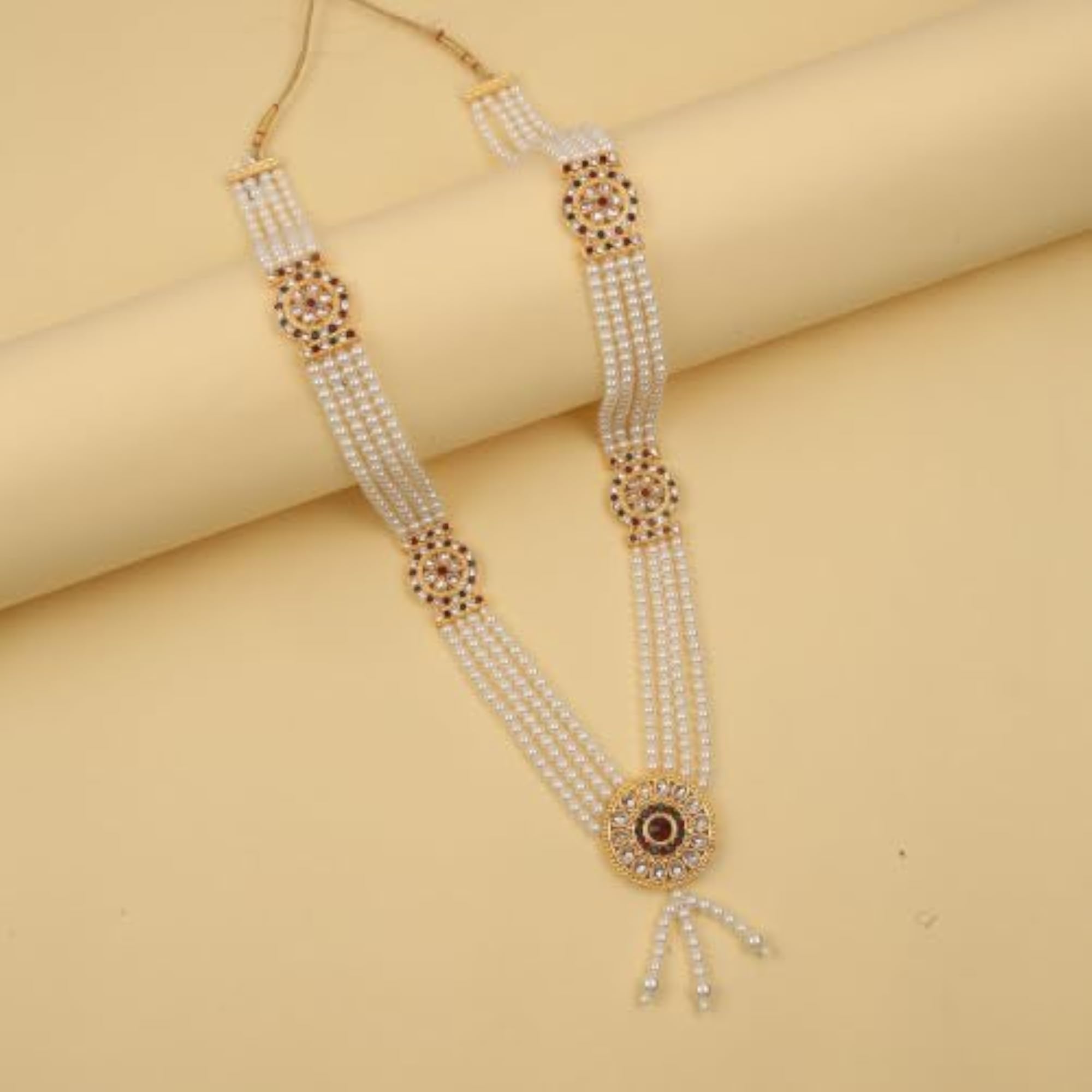 Five Layer Pearl Mala Necklace with Red & Green Stone Motifs